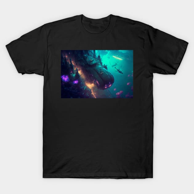 Submarine Docked at Cyberpunk 'Atlantis' T-Shirt by AICreateWorlds